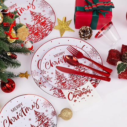 Rubtlamp 175 Pcs Christmas Plastic Plates And Napkins, Christmas Plates Disposable, White And Red Plastic Dinnerware Include 25Dessert Platos, 25Dinner Platos, 75 plastic cultery, 25Cups, 25Napkins