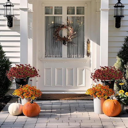 Artificial Fake Plants Flowers for Outdoor Outside Fall Decoration,12 Bundles Faux Silk Daisy in Planter UV Resistant Look Real for Home Front Door Porch Patio Garden Balcony Autumn Decor