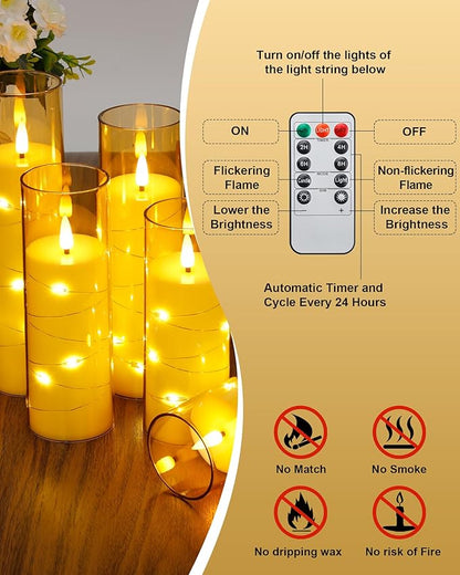 Enido Gold 10 Pc Flameless LED Candles with Remote Acrylic Shell Set Battery Operated, Flickering Electric Lights with Embedded Star String for Cozy Home, Good Holiday Romantic Decor