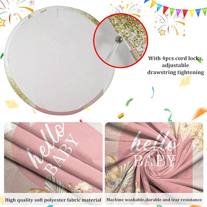 AOFOTO 6x6ft Boho Baby Shower Round Backdrop Cover Bohemian Chic Pink Arch Cover with Flowers Hello Baby Theme Photography Background Newborn Birthday Party Decorations Banner Photo Booth Props