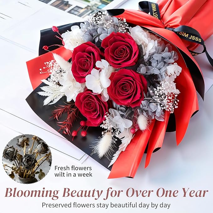 Lewondr Flower for Delivery, Preserved Flowers Bouquet, Red Rose Bouquet with Gift Box, Real Long-Lasting Forever Birthday Flowers Gifts for Wife Girlfriend Mothers Day Anniversary Proposal, White-Red