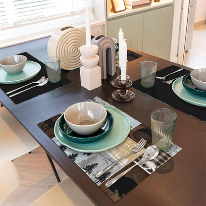 Rustic Lodge Bear Deer Placemats 6 Pcs,Vintage Cabin Pine Cone Plaid Place Mats,Linen Dining Table Mats Home Kitchen Decor, 18 X 12 Inch 6 PCS, Style-22