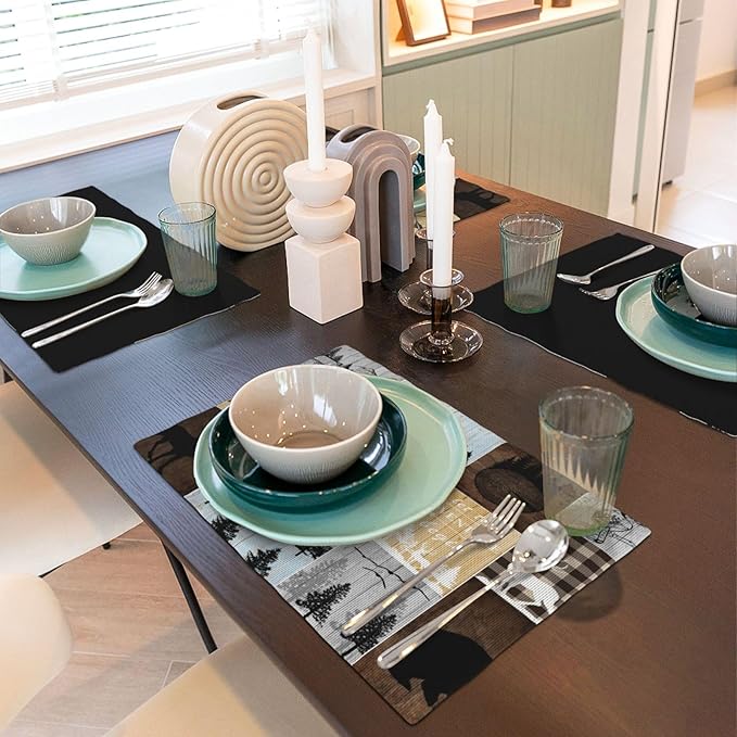 Rustic Lodge Bear Deer Placemats 4 Pcs,Vintage Cabin Pine Cone Plaid Place Mats,Linen Dining Table Mats Home Kitchen Decor, 18 X 12 Inch 4 PCS, Style-22