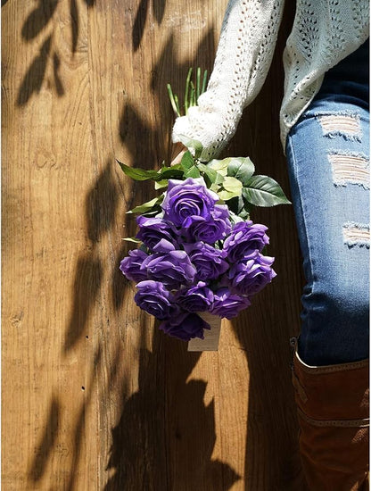 FiveSeasonStuff 12 Stems Artificial Flowers Real Touch Silk Roses for Wedding Decoration Bridal Bouquets Table Centerpieces Party Shower, Packed in Box (Imperial Purple) perial Purple