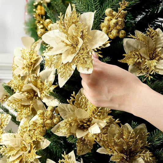 50pcs Glitter Poinsettia Christmas Ornaments, Artificial Flowers with Clips Stems for DIY Wreath Making, Holiday Home Party Decorations, Indoor Use (Gold)