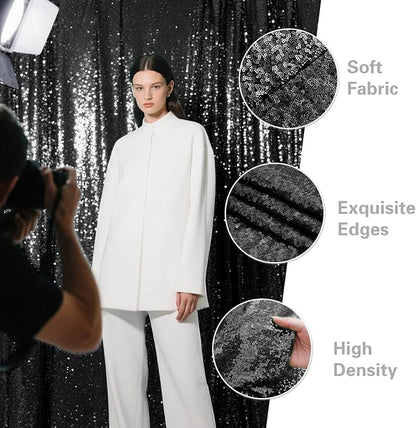 Black Sequin Backdrop Curtain 2 Pieces 2FTx8FT Glitter Photography Backdrop for Party Wedding Birthday Christmas Decorations