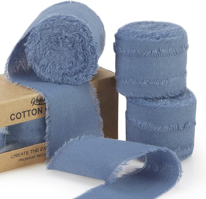 Dusty Blue Ribbon 1-1/2 x 15 Yards Handmade Cotton Frayed Fringe Fabric Ribbons for Crafts Flower Bouquets Wedding Baby Shower Home DIY Decor