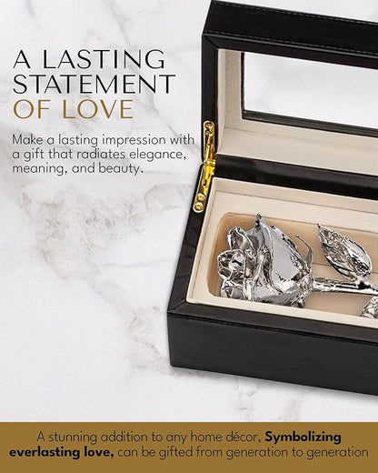 Forever Rose Real Rose Dipped in Platinum, Handcrafted Preserved Rose in Luxury Leather Display Case with LED Light, Romantic Gift for Her, Elegant Keepsake for Anniversary, Birthday, or Any Occasion