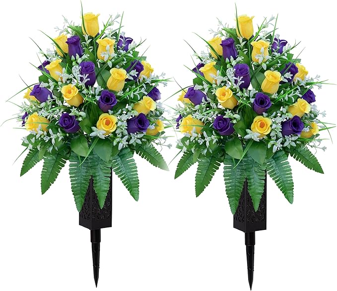 Artificial Cemetery Flowers, Gravesite Decoration Roses, Memorial Bouquets with Cemetery Vase, Vibrant and Long-Lasting Colors （ Yellow+Purple, 2 Bundles