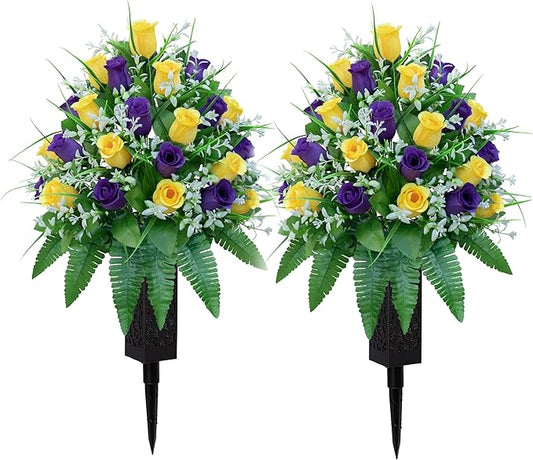 Artificial Cemetery Flowers, Gravesite Decoration Roses, Memorial Bouquets with Cemetery Vase, Vibrant and Long-Lasting Colors （ Yellow+Purple, 2 Bundles