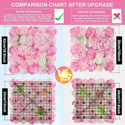 Artificial Flowers Wall Backdrop 16pcs 16.5x16.5 Inch Silk Rose Floral Wall Panel Decor Ideal for Wedding Celebrations, Festive Party Birthday Backdrops and Elegant Home Decor- Pink