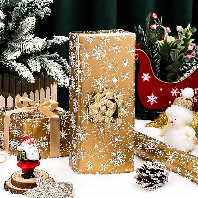 MAYPLUSS Winter Snowflake Christmas Wrapping Paper - 17 Inch X 33 Feet - Christmas Festive White Snowflake Print on Gold Mini Roll Reusable Holiday Gift Paper for Party Wedding Birthday Baby Shower