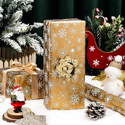 MAYPLUSS Winter Snowflake Christmas Wrapping Paper - 17 Inch X 33 Feet - Christmas Festive White Snowflake Print on Gold Mini Roll Reusable Holiday Gift Paper for Party Wedding Birthday Baby Shower