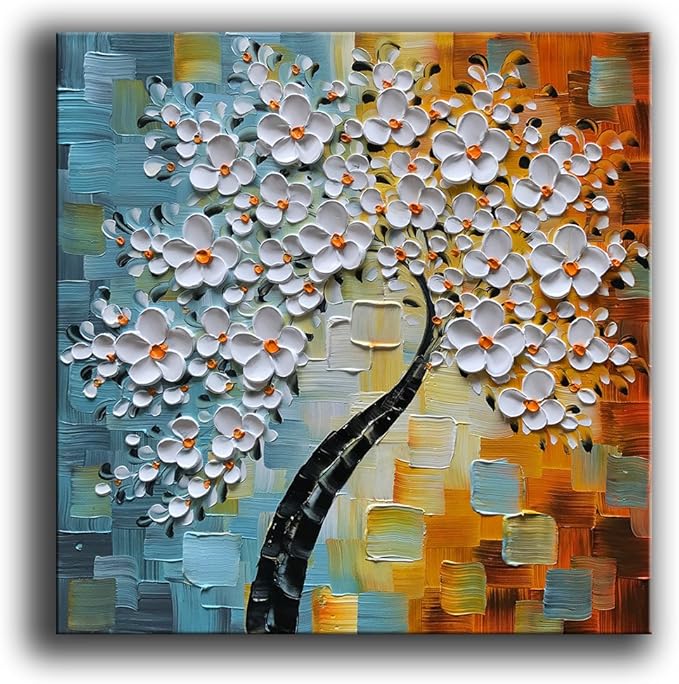 YaSheng Art - hand-painted Oil Painting On Canvas white Flowers Paintings Modern Home Interior Decor Wall Art for living room Abstract Art picture Ready to hang 30x30inch