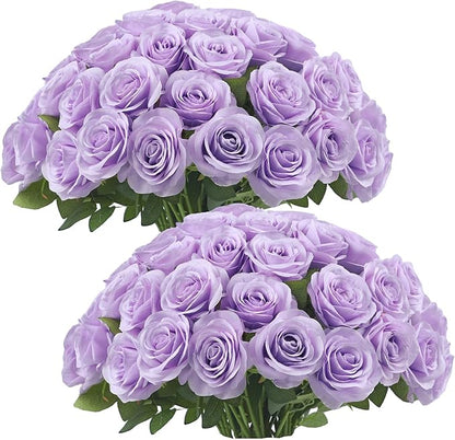 50pcs Lavender Roses Artificial Flowers Lliac Roses Purple Roses Fake Roses Flowers with Long Stems Silk Flowers for Wedding Bouquet Centerpices Decorations Party Bridal Baby Shower