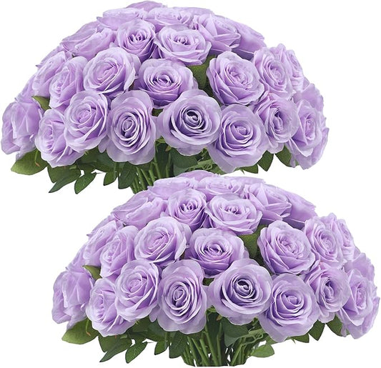 50pcs Lavender Roses Artificial Flowers Lliac Roses Purple Roses Fake Roses Flowers with Long Stems Silk Flowers for Wedding Bouquet Centerpices Decorations Party Bridal Baby Shower