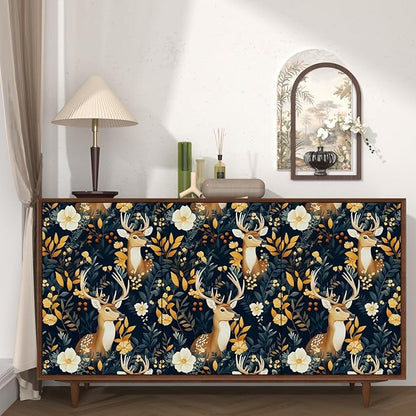 Deer Wallpaper Peel and Stick Vintage Blue Gold Floral Wallpaper Contact Paper 17.5" × 118" Waterproof Vinyl Self Adhesive Dark Wall Paper for Bedroom Walls Cabinet Locker Decor