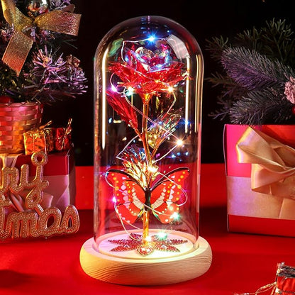 Beferr Christmas Rose Gifts for Women Mom Birthday Gifts, Galaxy Glass Rose Forever Preserved Flowers for Delivery Prime Light Up Rose in Glass Dome with Butterfly Xmas Gifts for Grandma Her Wife, Red