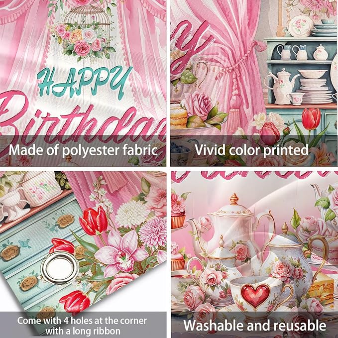 Tea Party Backdrop Let's Partea Happy Birthday Photography Background Wonderland Pink Rose Floral Teapot Women Tea Party Decor Banner Portrait Photo Booth Studio Props 10x7ft FU085YL