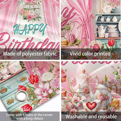 Tea Party Backdrop Let's Partea Happy Birthday Photography Background Wonderland Pink Rose Floral Teapot Women Tea Party Decor Banner Portrait Photo Booth Studio Props 9x6ft FU084YL