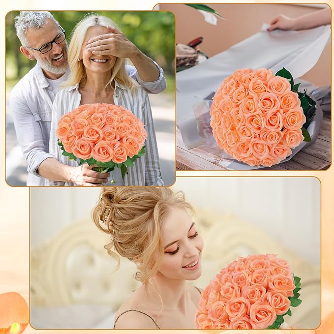 36 Pcs Peach Pink Artificial Roses with Long Stems, Fake Silk Rose Artificial Flowers Bulk for Bridal Wedding Bouquet Centerpiece Ball Arrangement Party Decor