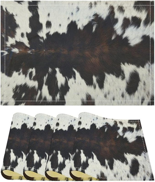 Cow Print Placemats Set of 4 Brown Cowhide Print Western Style Art Printed Dining Table Mats for Restaurant Home Kitchen Holiday Decor 12x18in