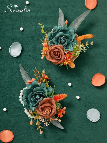 Serwalin Teal Orange Wrist Corsage and Boutonniere Set 2pcs, 6-7inch Boutonniere for Men, Corsage Wristlet Wristband Prom Flower Wedding Flowers Accessories Prom Suit Decorations
