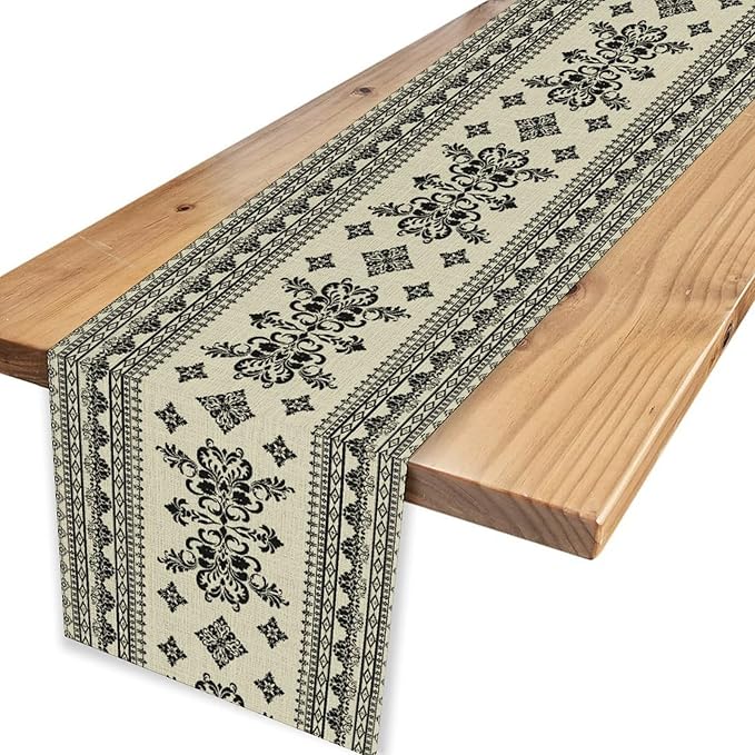 Black Floral Table Runner, Rustic Damask Antique Floral Retro Boho Art Linen Coffee Table Center Decor for Family Kitchen Farmhouse Holiday Party Table Decorations Indoor Outdoor 13x72 inch