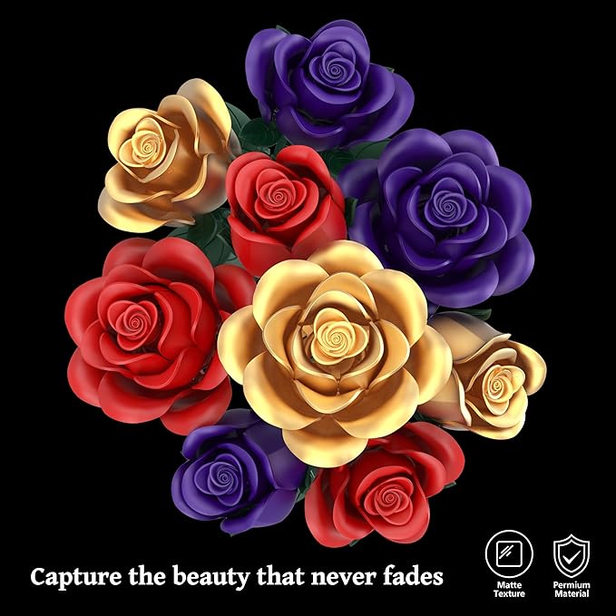 Rose Bouquet Flowers Building Set, 501Pcs Red Purple Golden Roses Artificial Flowers Botanical Collection Compatible with Lego Flowers Home Office Table Decor Valentines Day Xmax Gifts for Mom Women