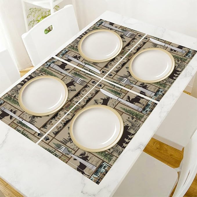 Rustic Cabin Placemats Forest Bear Deer Wildlife Hunting Camping Art Printed Dining Table Mats Set of 4 for Home Kitchen Holiday Picnic Party Decor 12x18in