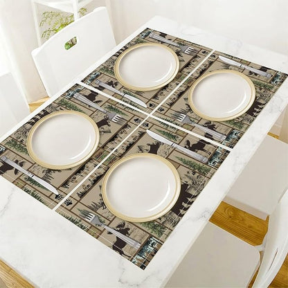 Rustic Cabin Placemats Forest Bear Deer Wildlife Hunting Camping Art Printed Dining Table Mats Set of 4 for Home Kitchen Holiday Picnic Party Decor 12x18in