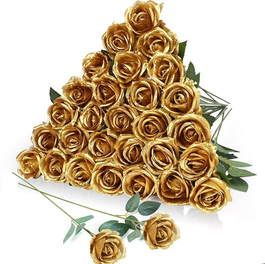 30pcs Fake Roses Artificial Silk Flowers Long Stems Bouquet for Wedding Bridal Shower Party Home Decoration (Gold)