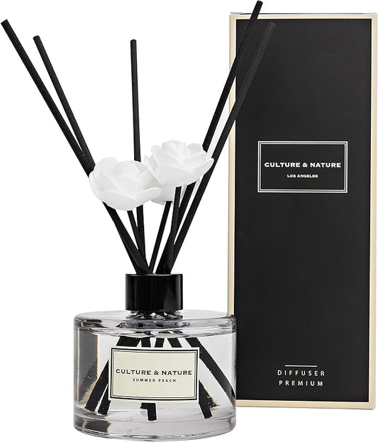 CULTURE & NATURE Reed Diffuser Set 6.7oz (200ml) Summer Peach Scented Diffuser with Sticks Home Fragrance Reed Diffuser for Bathroom Shelf Decor