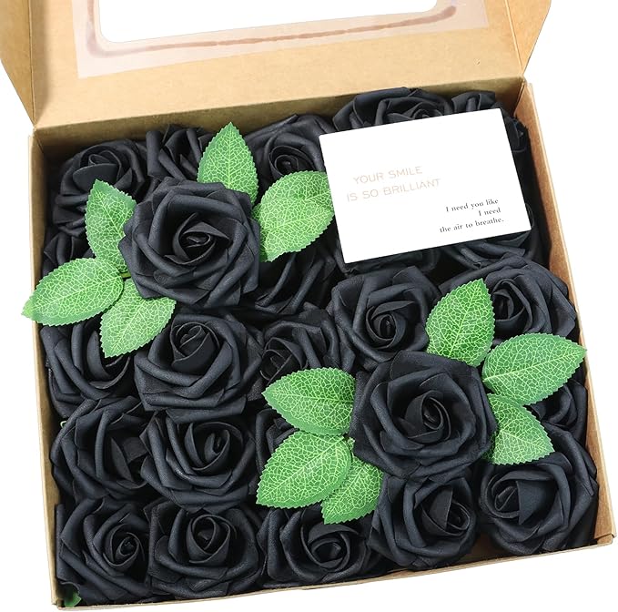 Meldel Artificial Flower 50pcs Real Touch Black Rose Fake Foam Roses with Stems for DIY Wedding Bouquets Gifts Bulk Crafts Faux Floral Centerpieces Arrangements Party Tables Home Halloween Decorations