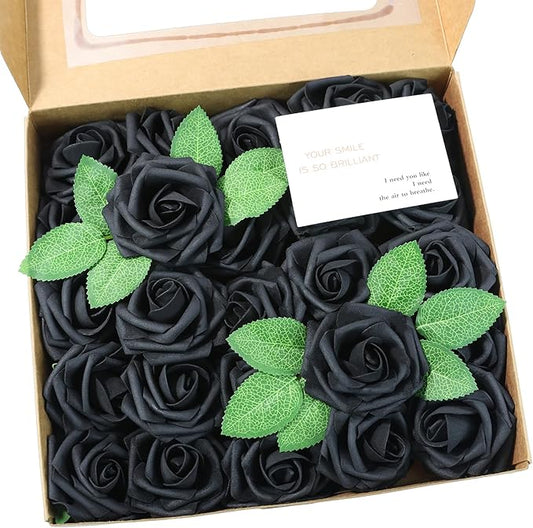 Meldel Artificial Flower 50pcs Real Touch Black Rose Fake Foam Roses with Stems for DIY Wedding Bouquets Gifts Bulk Crafts Faux Floral Centerpieces Arrangements Party Tables Home Halloween Decorations