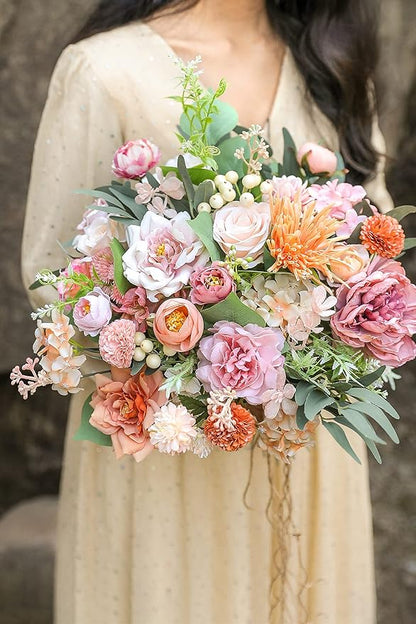 YYHUAWU Artificial Flowers Combo Set Fake Flower Leaf Box with Stems for DIY Wedding Bouquets Centerpieces Flower Arrangements Decorations Baby Shower Party Home Decorations Orange Pink