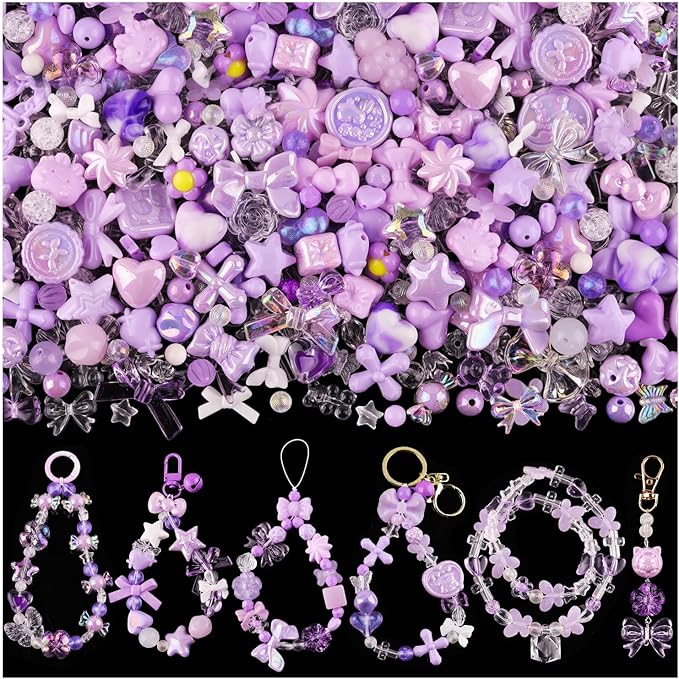 Assorted 200-260PCS Purple Acrylic Beads for Bracelet Making, Flower Bow Candy GummyBear Bracelet Charms,Cute Beads for Jewelry Making DIY Necklace Keychain Phone Charm Christmas Gift
