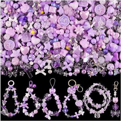 Assorted 200-260PCS Purple Acrylic Beads for Bracelet Making, Flower Bow Candy GummyBear Bracelet Charms,Cute Beads for Jewelry Making DIY Necklace Keychain Phone Charm Christmas Gift