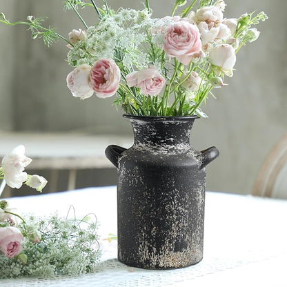 Rustic Vintage Metal Flower Vase for Decor Milk Jug Small Vases for Flowers Kitchen Decorations, Cylindrical,Perfect for Kitchen, Dining Room, Living Room,Housewarming Gift (Black)