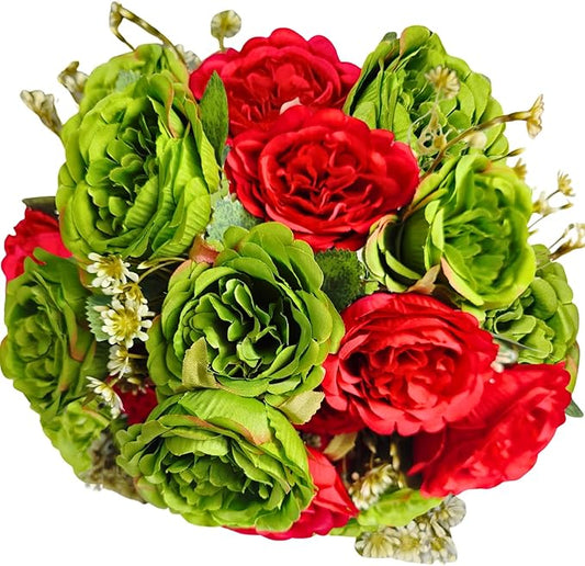 ASTRYAS Peonies Artificial Flowers, 2Pcs Fake Peony Silk Peonies for Christmas Decoration Flowers Arrangements Home Decor Wedding Party (Green & Red)