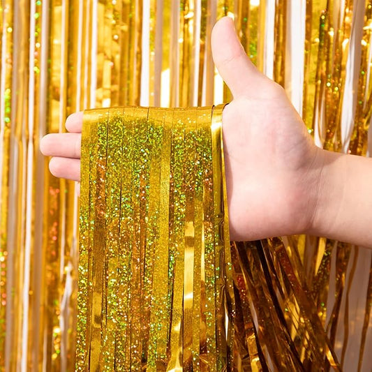 2 Pack Laser Gold Foil Fringe Backdrop Curtains, Tinsel Streamers Birthday Party Decorations, Fringe Backdrop for Graduation, Baby Shower, Gender Reveal, Disco Party