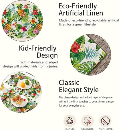 Pineapple Placemats Set of 6,Summer Hawaiian Tropical Fruit Palm Leave Flower Table Mats Non-Slip Heat Resistant Washable Placemat for Party Kitchen Dining Table Decoration Indoor Outdoor