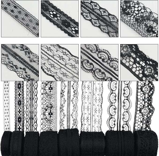 80 Yards Black Lace Trim Ribbon,8 Rolls Crochet Sewing Assorted Patterns Vintage Floral Lace Ribbons for Sewing DIY,Gift Wrap,Scrapbooking, Bridal Shower Wedding Decor, 10 Yards Each Roll
