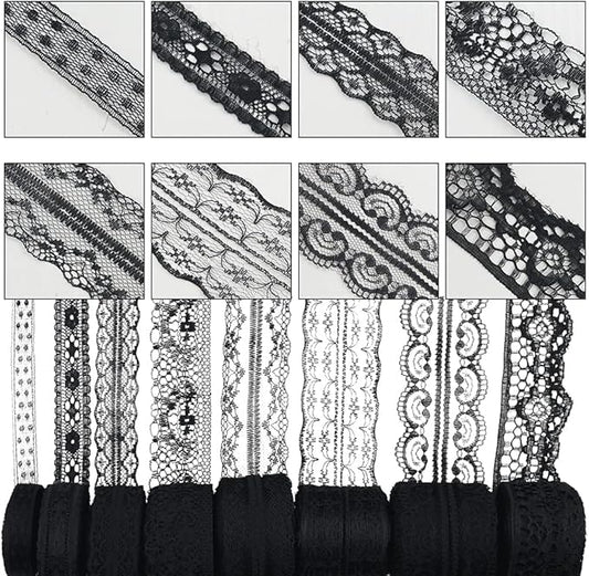 80 Yards Black Lace Trim Ribbon,8 Rolls Crochet Sewing Assorted Patterns Vintage Floral Lace Ribbons for Sewing DIY,Gift Wrap,Scrapbooking, Bridal Shower Wedding Decor, 10 Yards Each Roll