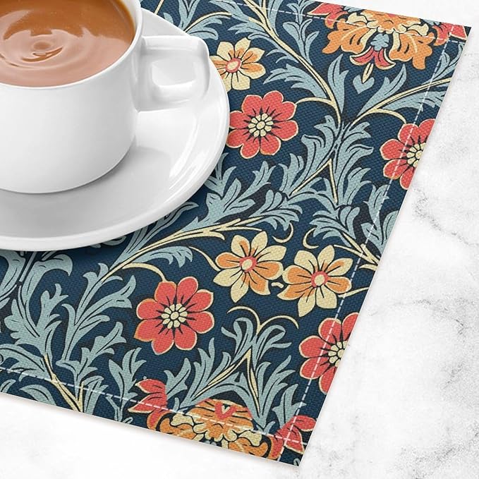 William Morris Vintage Floral Placemats Rural Farmhouse Floral Art Printed Dining Table Mats Set of 4 for Home Kitchen Holiday Picnic Party Decoration 12x18in