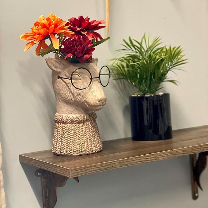 Bespectacled Deer Cement Vase 8.7 Inch - Gold Accents, Knit Scarf, Real Wire Glasses, Whimsical Animal Planter, Distressed Taupe Decorative Vase for Indoor Plants, Unique Gift - Home or Office
