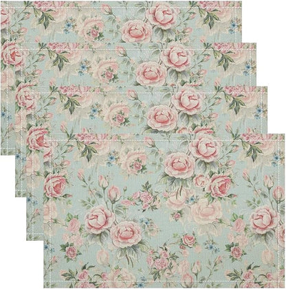 Pink Flowers Placemats Set of 8, 17x12 Inch Rustic Spring Floral Blossom Natural Romantic Table Mats for Home Party Kitchen Dining Decor