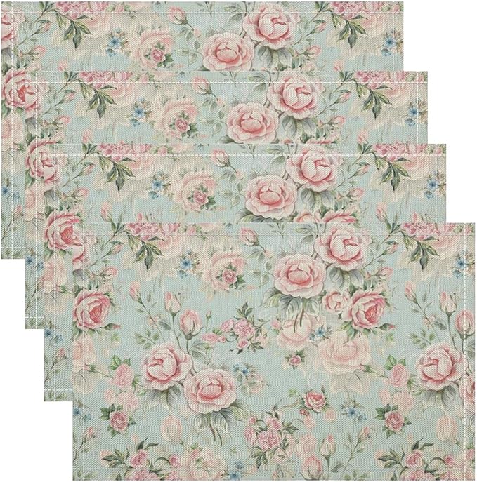 Pink Flowers Placemats Set of 4, 17x12 Inch Rustic Spring Floral Blossom Natural Romantic Table Mats for Home Party Kitchen Dining Decor