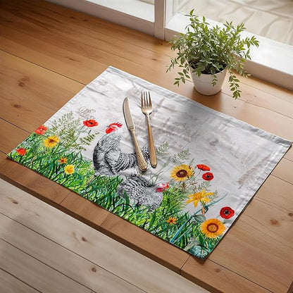 Maison d' Hermine Placemats Set of 4 100% Cotton Washable Cloth Place Mats, Reusable Table Mats for Kitchen Dining Decoration, Party, Wedding, Restaurant Spring/Summer (Basse Cour, 13" x 19")