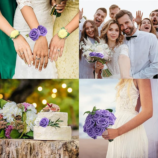 JOYLEX Artificial Flowers Realistic Roses, 50pcs Real Looking Fake Roses with Stem for DIY Wedding Bouquets Centerpieces Bridal Shower Party Home Romantic Decorations (50pcs, Purple)